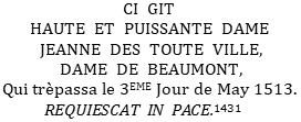 Plaque commémorative de la sépulture de Jeanne d'E.-Beaumont